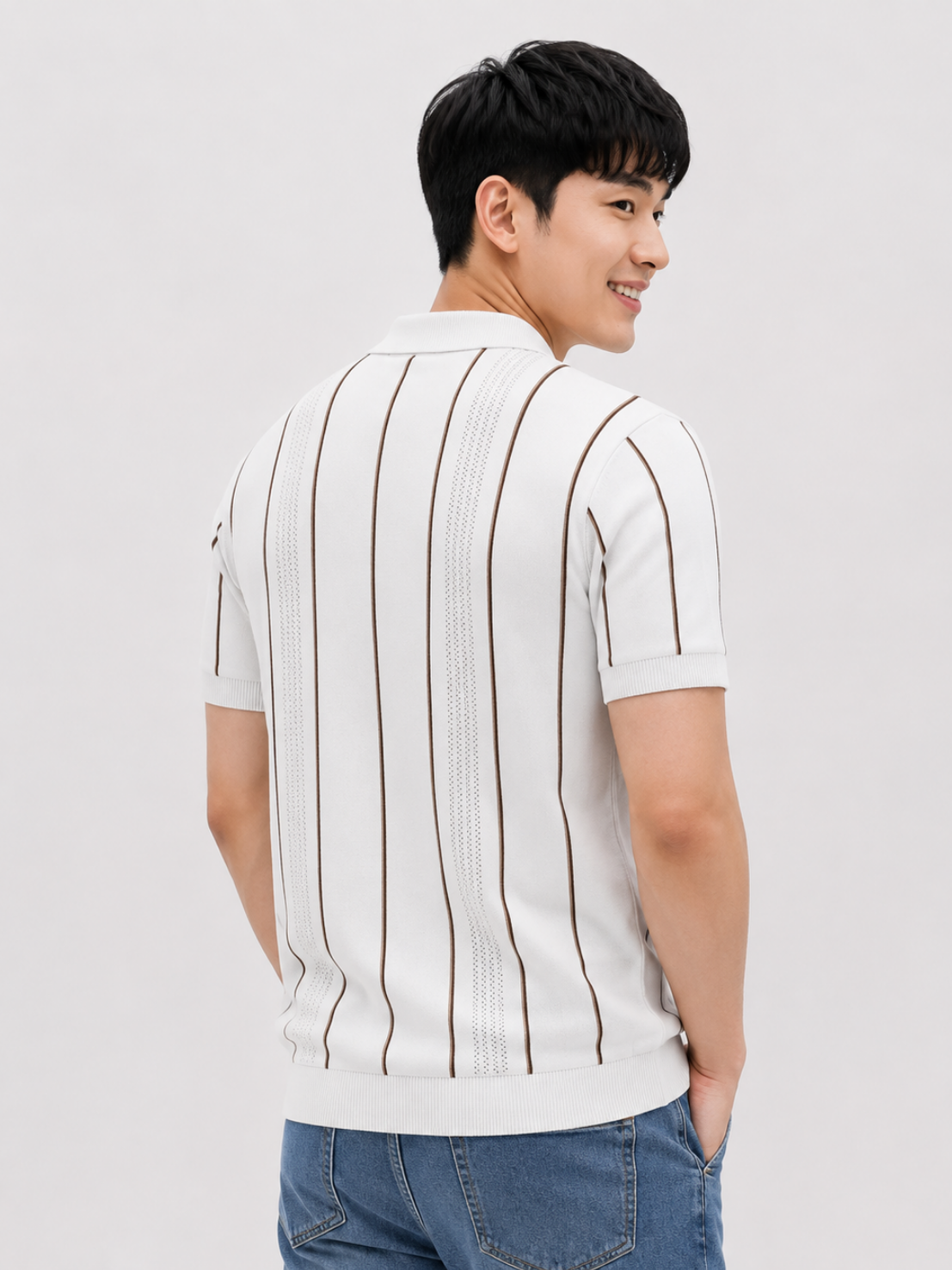 White Tide Vertical Stripe Knit Polo - White by Cord Cult - back view